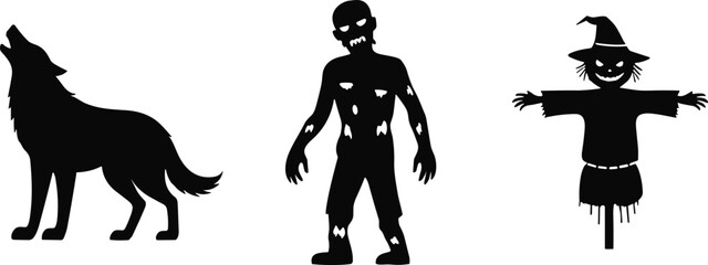 Halloween spooky illustration with howling wolf, scary zombie silhouette, and creepy scarecrow figure, perfect for horror, festival, decoration, vector design
