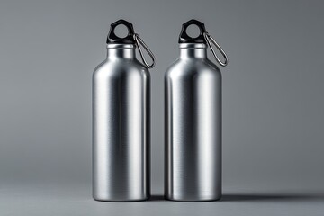 Two identical, shiny silver water bottles on a gray background