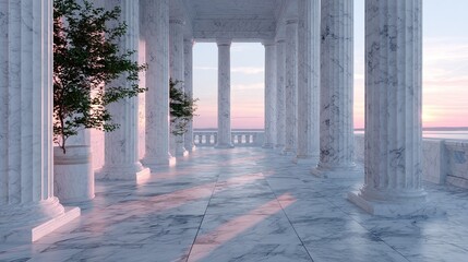 Ancient Ruins Stone Columns Cinematic HD with Marble Texture Sea View Sunset Hues, Stone Structures Classic Architecture, Sunlight Highlights, Serene Scene