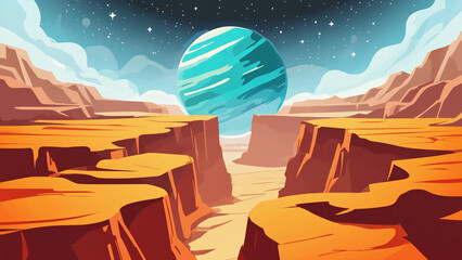Cartoon landscape with canyon and planet in the sky under a starry cloudy night background view