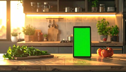 Digital tablet with a green screen on a sunlit kitchen counter with fresh ingredients.