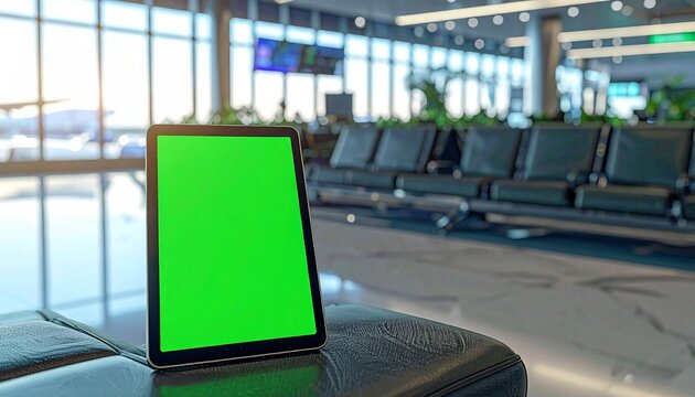 A tablet with a green screen display sits on a black seat in a bright, modern airport waiting lounge with an airplane visible outside.