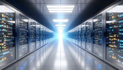 Digital energy core powering a futuristic server hall
