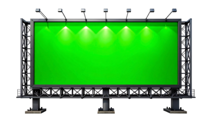 Large Billboard with Green Screen Display and Spotlights Isolated on White Background.