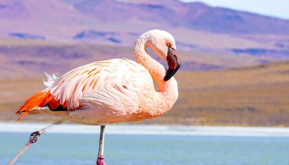 Flamingo rests in pink water, mountains blurry background, close up, bright, daytime