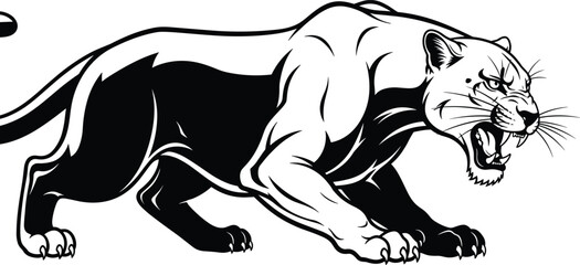 Aggressive crouching panther silhouette vector, black and white illustration, open mouth, muscular build, stealth pose, wild animal graphic design © Sharon Creatives