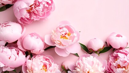 Arrangement of blush pink peony flowers and buds, with leafy greens on a pink backdrop