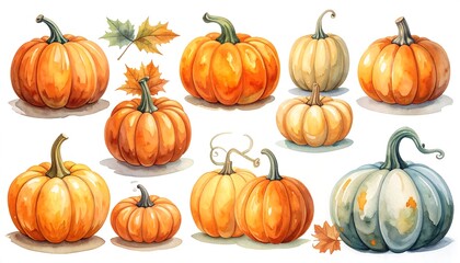 Watercolor pumpkins and leaves