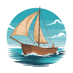 Fototapeta premium A wooden sailboat with tan sails glides across the ocean under a blue sky with clouds technology background