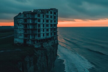 Ruined coastal building perches dramatically on a cliff edge at sunset, overlooking the ocean.