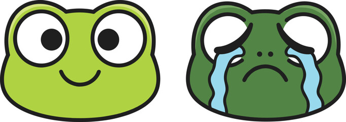 Cute cartoon frog faces vector illustration showing happy smiling expression and sad crying expression, emotional character design for stock content