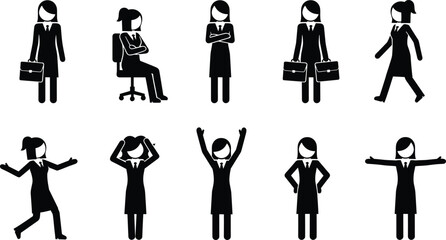 Businesswoman silhouette vector set with professional poses and gestures, black and white illustration, office action, career concept artwork
