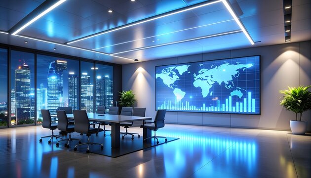 Holographic startup pitch with glowing charts in dark room