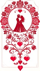 Romantic couple framed by ornate red floral design