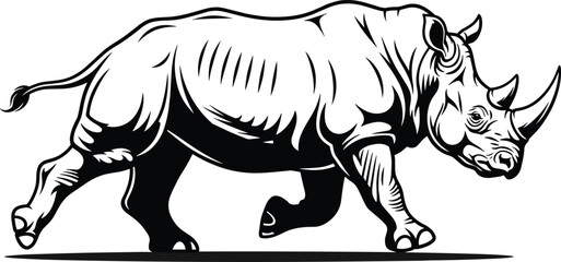 Obraz premium Charging rhinoceros vector illustration in black and white style with bold lines for wildlife, tattoo, graphic design, and animal strength themes