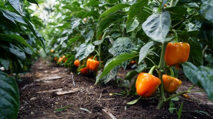 Orange bell peppers lined in rows on a raised garden bed