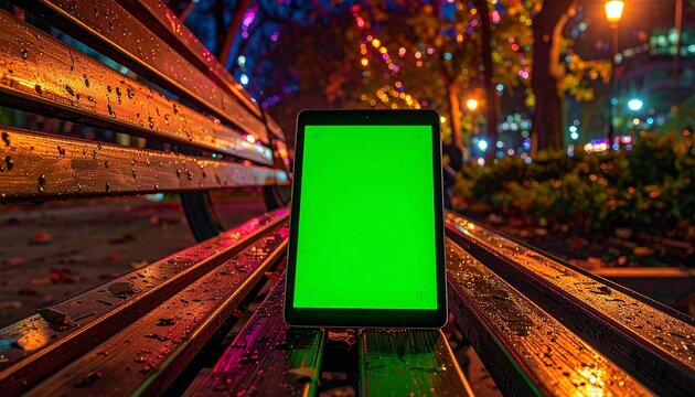A tablet with a green screen rests on a wooden bench in a park at night.