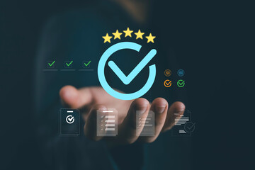 Hand presenting digital check mark icon with five-star rating, symbolizing ISO certification, quality assurance, compliance, customer trust, professional standards, and business excellence.