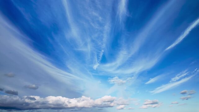 Beautiful background of a serene blue sky with soft, white cirrus clouds gracefully drifting across the expanse, creating a peaceful and tranquil atmosphere perfect for relaxation