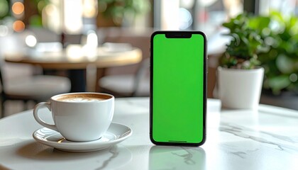 A smartphone with a green screen is displayed next to a coffee cup on a table.