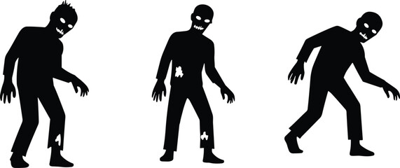 Zombie silhouettes set of three walking undead figures with torn clothes, creepy horror Halloween vector illustration for spooky design and artwork