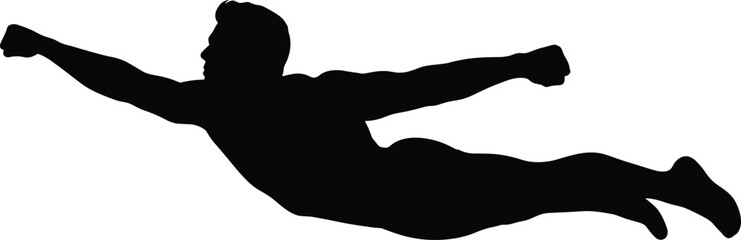 Flying superhero silhouette vector with dynamic pose, extended arm, comic style, black figure, motion concept, action-themed graphic design