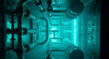 Abstract visualization of quantum mechanics, intricate network of pipes and tubes glowing with blue light