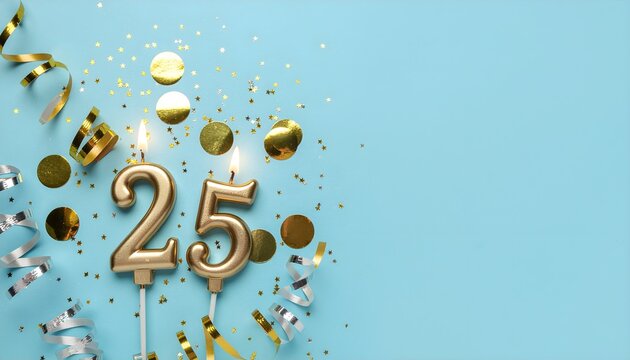 Gold candle number 25 surrounded by confetti and streamers on a light blue background, celebrating a birthday.