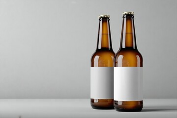 Two amber beer bottles with blank labels against a light gray background