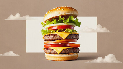 A double cheeseburger with lettuce tomato and onion against a cloudy background and white rectangle