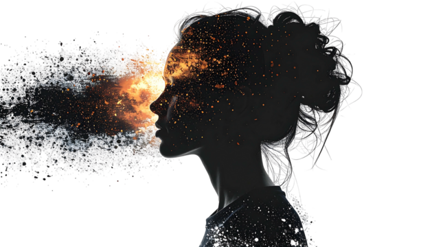 Silhouette of a womans head exploding into smoke and fire.