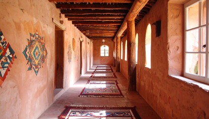 Warm hallway with colorful rugs and decorative art, leading to window light