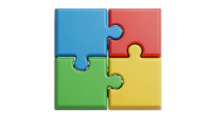 Four colorful puzzle pieces assembled together isolated on a transparent background jigsaw