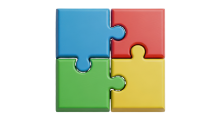 Four colorful puzzle pieces assembled together isolated on a transparent background jigsaw