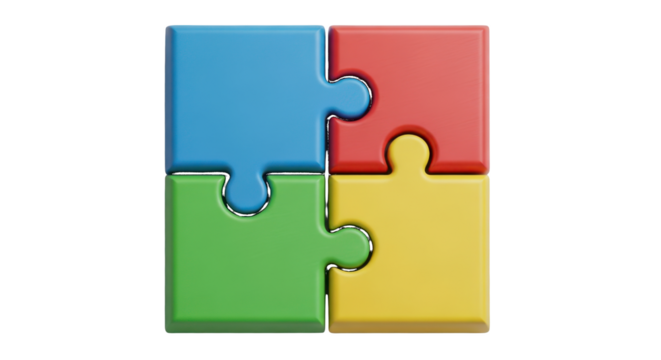 Four colorful puzzle pieces assembled together isolated on a transparent background jigsaw