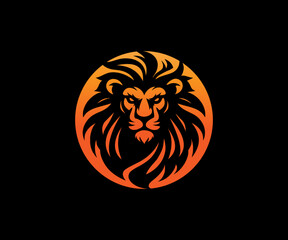 Lion head with orange mane in a circular frame