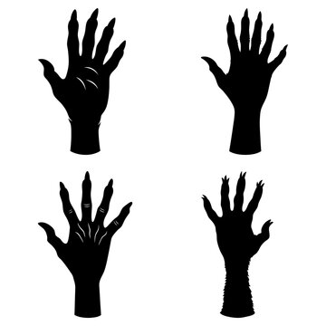Silhouette illustration showcasing four monster hands with sharp claws in various poses on a white background