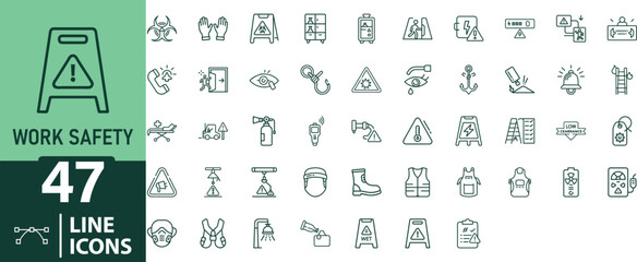Collection Of Modern Editable Thin Line Style Work Safety Of Occupation Related Icons Set Contains Warning Signs, Protective Clothing, Shoes, Equipment And More On An Isolated Transparent Background