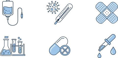 Medical healthcare icons set with IV bag, virus bacteria, bandages, laboratory glassware, pills, and dropper vector illustration for design