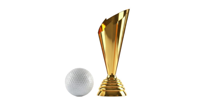 Golden Golf Trophy and White Golf Ball isolated on a transparent background award
