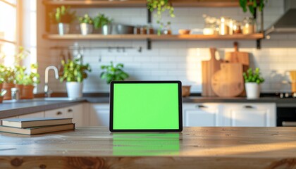 A digital tablet with a green screen sits on a wooden kitchen surface, sunlight illuminating the background.