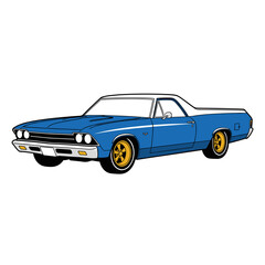 Classic Blue El Camino Car with White Roof and Gold Wheels Illustration.