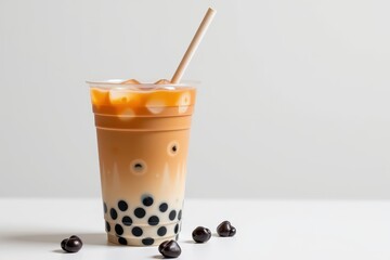 Refreshing iced milk tea with chewy tapioca pearls in a clear plastic cup, set against a clean white backdrop, milk, iced milk tea