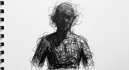 Fototapeta premium A drawing of a person rendered with chaotic scribbles black ink on white paper in a sketchbook