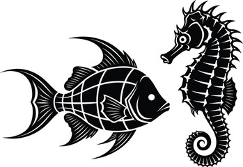 Stylized fish and seahorse vector illustration with geometric details, black and white marine design, artistic aquatic animal graphic artwork © Sharon 