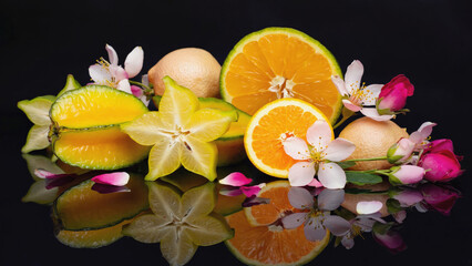Arrangement of sliced oranges, carambola, and flowers on a reflective black surface in studio shot