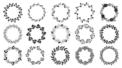 Collection of fifteen delicate black floral oval wreaths and frames with botanical elements isolated on transparent background