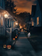 Spooky Halloween Night on a Residential Street