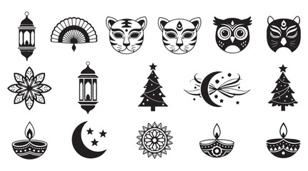 Collection of black and white graphic icons and symbols representing holidays and cultural motifs isolated on transparent background