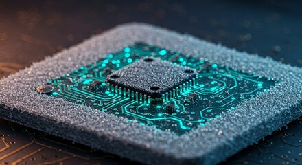 Close-up shot of a frosted microchip with glowing blue circuits